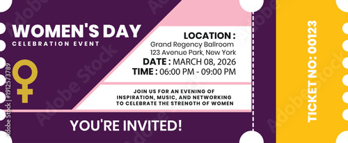 Women's Day Event Ticket Template with Floral Colors and Female Symbol Icon