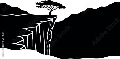 Minimalist Cliff Edge Illustration with Lone Tree Silhouette and Dramatic Landscape Contrast