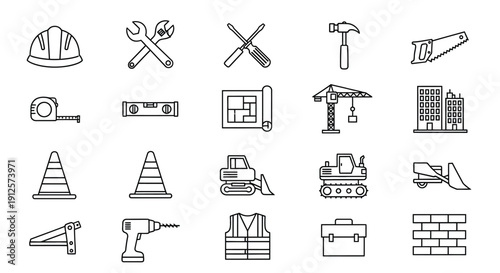 Construction tools and building elements in a linear silhouette