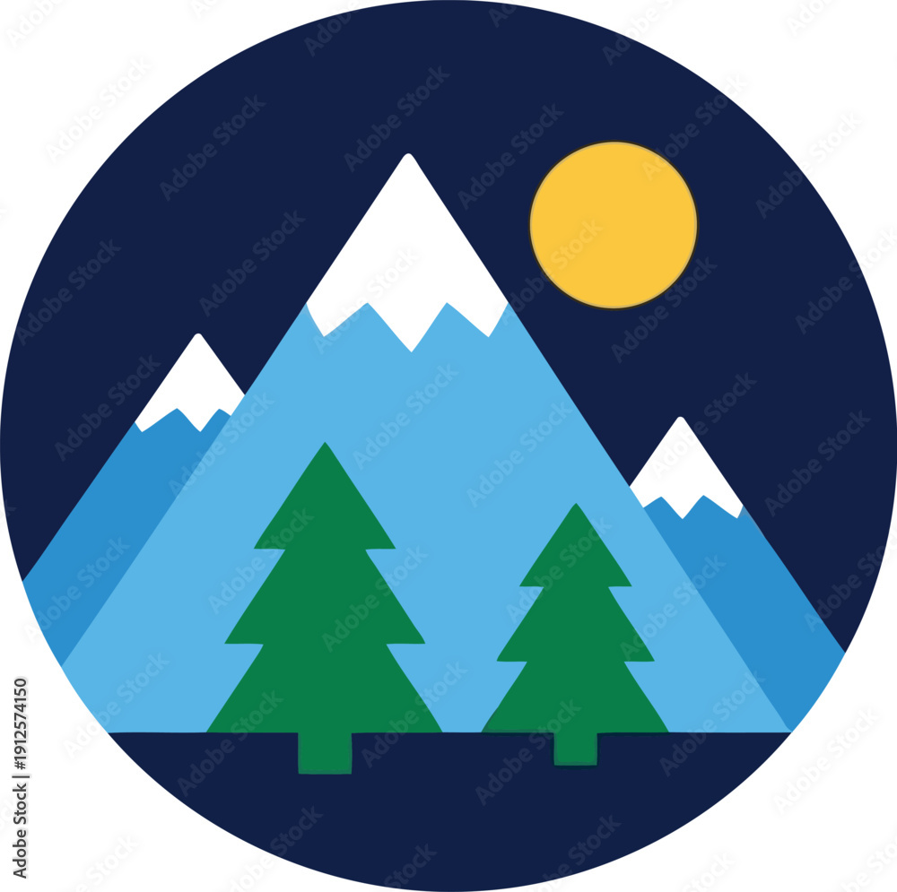 Obraz premium Flat Design Mountain Landscape Icon with Pine Trees and Sun for Outdoor Adventure Concepts