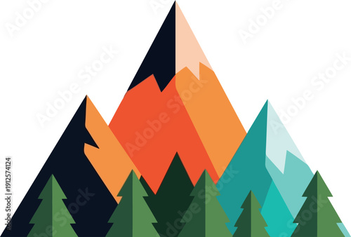 Colorful geometric mountain landscape illustration with pine trees and abstract nature design