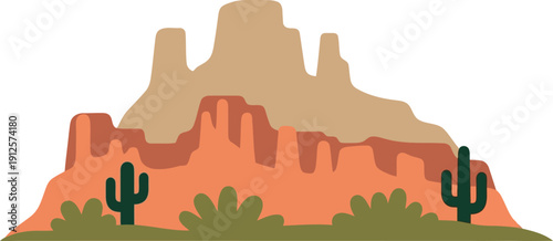Desert Landscape Illustration with Cactus and Red Rock Mesa in Flat Vector Style