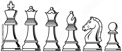 Vector, black, and, white, illustration, set, of, classic, chess, pieces, including, king, queen, bishop, knight, and, pawn, for, strategy, game, and, competition, design, elements 