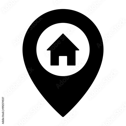 Home location pin icon, house map marker outline isolated on transparent background.