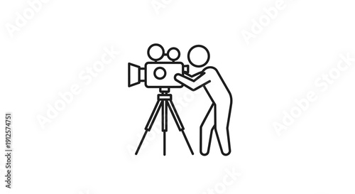 Filmmaker operating a camera on a tripod simple line silhouette