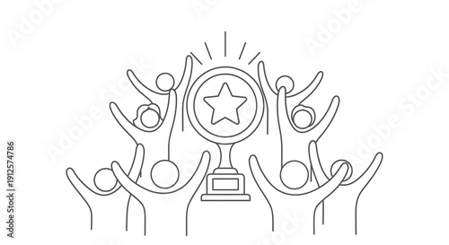Celebrating victory with a trophy and star linear illustration silhouette