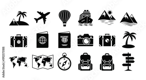Travel icons including a palm tree airplane and mountains silhouette