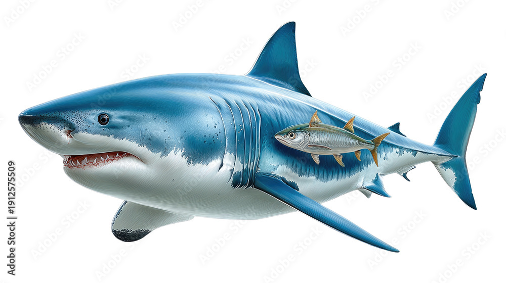 Fototapeta premium Apex Predator of the Deep: A formidable great white shark, with its sleek, powerful form, dominates the aquatic realm, embodying both grace and the raw power of nature. 