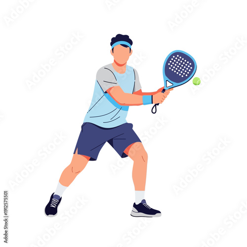 Man playing padel tennis, hitting ball with racket, active sport, outdoor leisure, athletic man