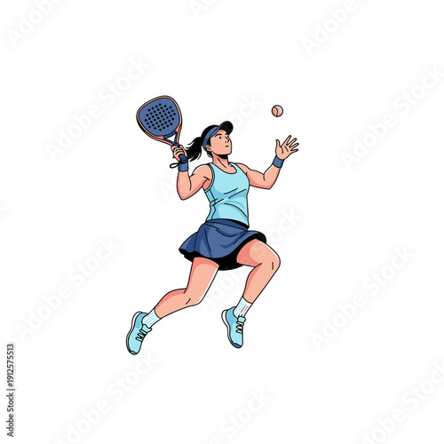 Woman playing padel tennis, jumping to hit ball with racket, active lifestyle, sports concept
