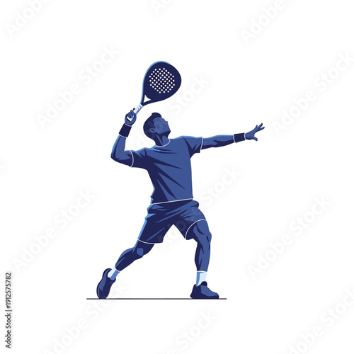Padel player serving, dynamic action shot, blue silhouette, sports concept