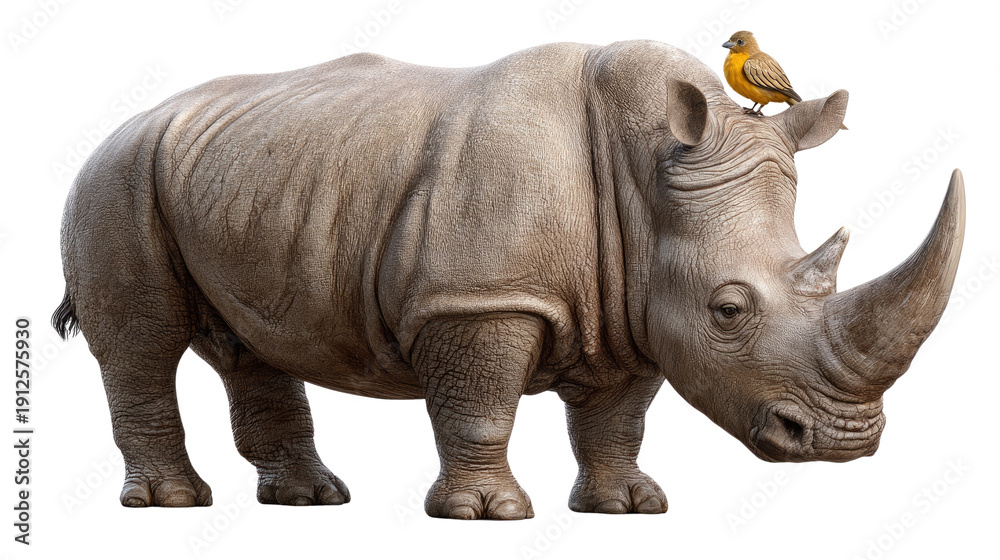 Obraz premium Rhino with Bird: A majestic rhinoceros stands proudly with a small bird perched atop its head, showcasing an unlikely interspecies friendship in the vast expanse of the wild.
