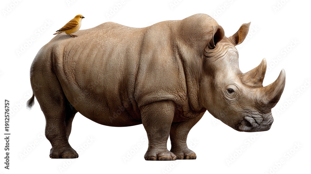 Obraz premium Rhino and Bird: A serene scene unfolds as a majestic rhino and a small bird share a moment of tranquility, representing coexistence in the wild.