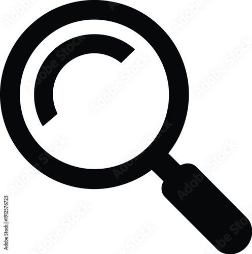 A black magnifying glass icon on a white background for search concepts