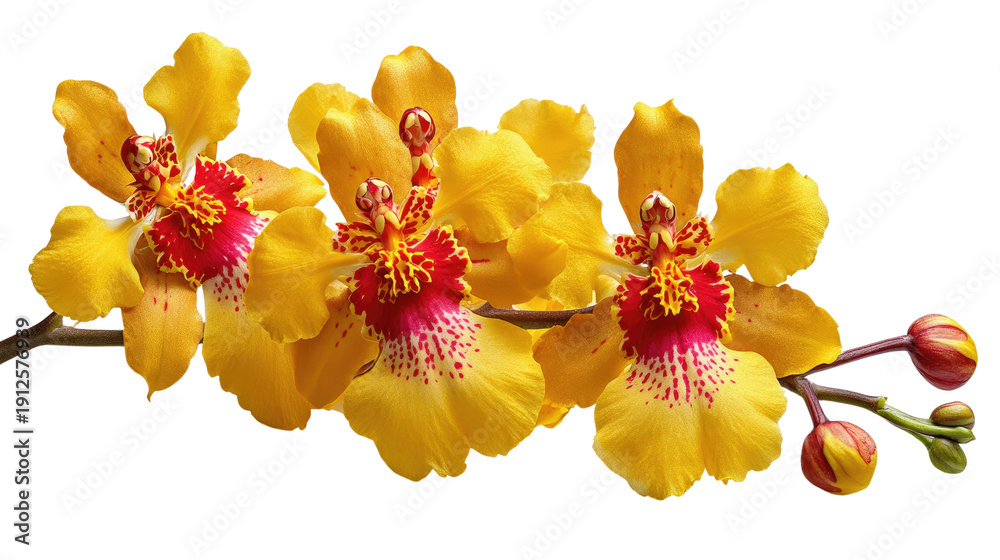 Naklejka premium Golden Orchid Blossom: A close-up showcases a radiant display of golden orchid blossoms with vibrant red and yellow detail, capturing the essence of exotic beauty and delicate floral elegance.