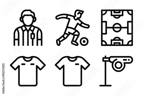 A set of black line icons depicting soccer and referee elements on white background