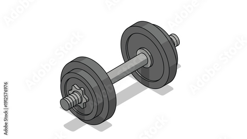 Isometric illustration of a heavy gray dumbbell for weightlifting and strength training exercise on white background.