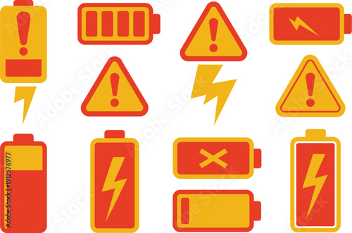 A collection of warning signs and low battery icons on a white background