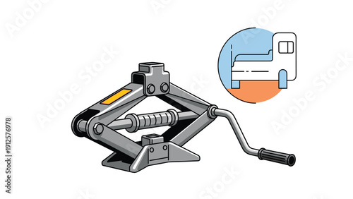 Scissor car jack for lifting vehicles during repairs shown with a small instructional icon for usage and safety.