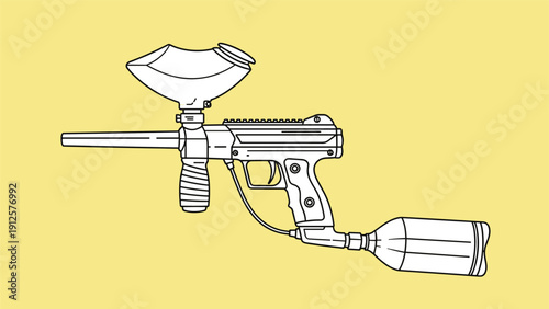 Black and white line art illustration of a professional paintball gun with air tank and hopper on yellow background.