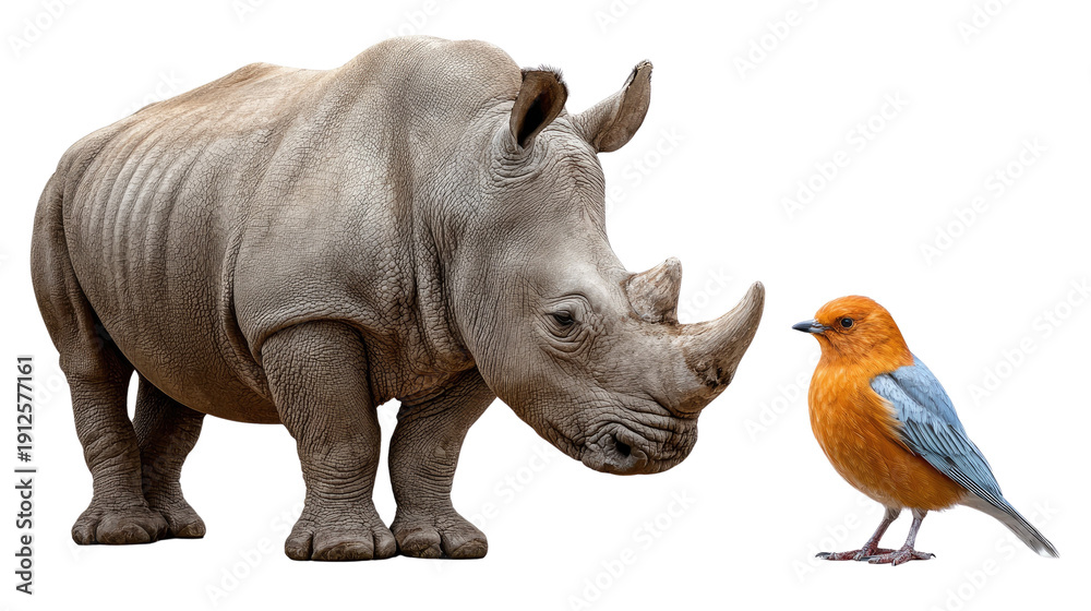 Obraz premium Rhino and Little Bird's Encounter: A fascinating scene of coexistence unfolds, with a massive rhino and a tiny, colorful bird sharing a moment, highlighting nature's diverse relationships.