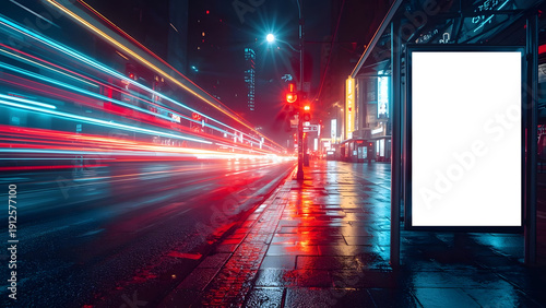A bustling nighttime city scene colorful light. A bus stop with a digital ad screen.