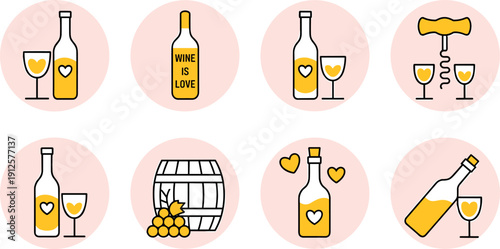 Professional set of wine themed icons featuring bottles and glasses with heart symbols, barrels, and corkscrews for romantic vineyard or restaurant branding designs.