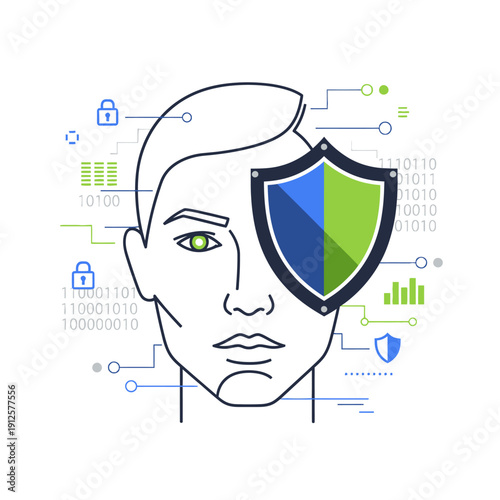Vector illustration of a man's face with a shield covering one eye surrounded by digital security symbols and code