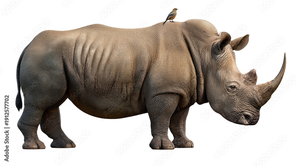Obraz premium Giant Horned Titan: A majestic rhinoceros, a symbol of power, stands proudly with a small bird perched upon its back. The imposing figure, exudes strength and tranquility in the wild.