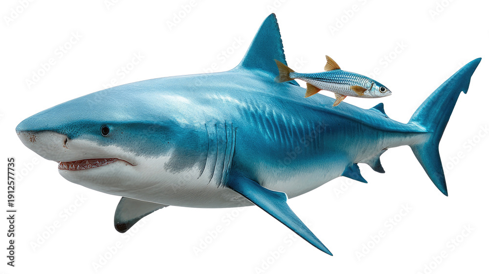Fototapeta premium Oceanic Alliance: A shark and a small fish engage in an unlikely collaboration, symbolizing symbiosis within the vast ocean.