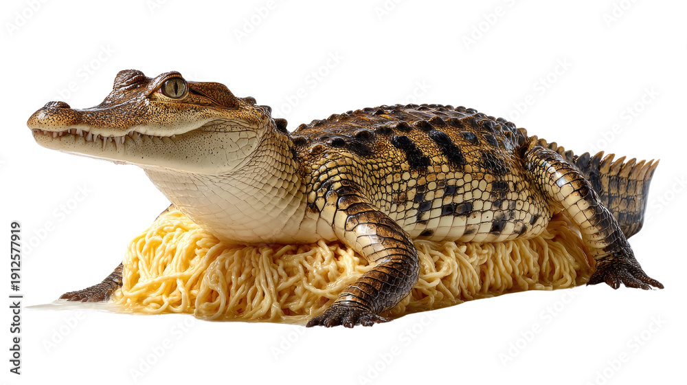 Naklejka premium Playful Gator & Pasta: An eye-catching studio shot of a small alligator humorously situated on a bed of pasta, creating an unexpected and delightful scene. 