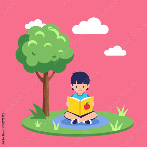 Child reading a book under a tree in a park, learning and education concept