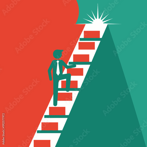 Businessman climbing stairs to success, growth and achievement, motivation and career development