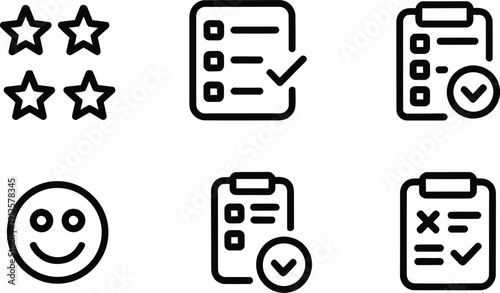 A set of black icons representing ratings and checklist evaluations on a white background