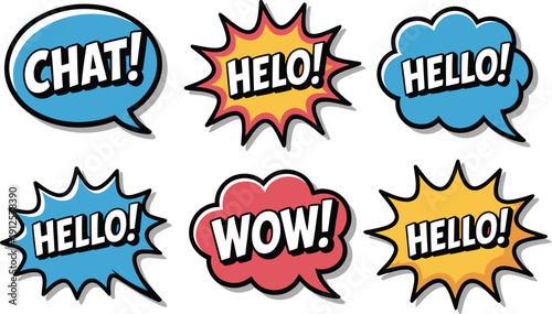 A colorful collection of cartoon speech bubbles with greetings and expressions