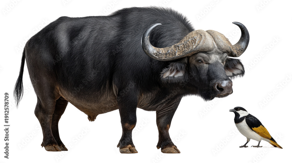 Obraz premium African Buffalo and Starling: A powerful African buffalo, with its massive horns and muscular frame, stands alongside a small starling bird in a vivid display of scale and coexistence in the wild.