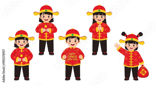 Happy Chinese New Year Adorable Cartoon Children in Traditional Red Festive Attire Celebrating Lunar Festival with Prosperity Greetings