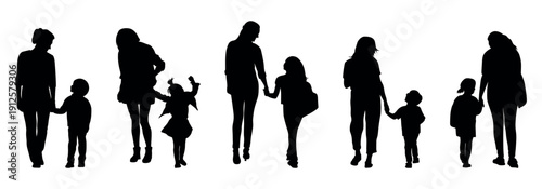 Mother and child silhouettes in a vector set. vector silhouettes of people. silhouettes of people. silhouette of a man. silhouette of a woman with long hair. silhouette of a man