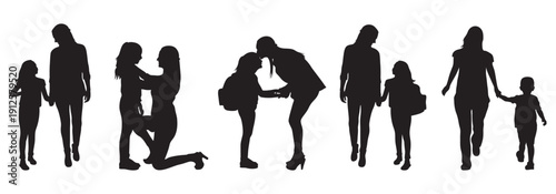 Mother and child silhouettes in a vector set. vector silhouettes of people. silhouettes of people. silhouette of a man. silhouette of a woman with long hair. silhouette of a man