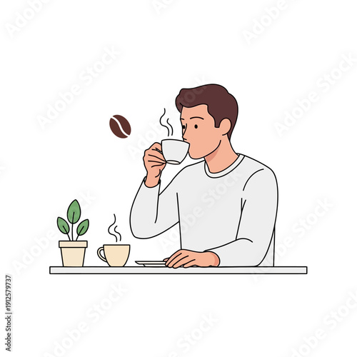 Man drinking coffee at table with plant and coffee bean