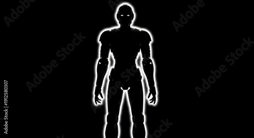 Silhouette of a futuristic humanoid robot with glowing outline.