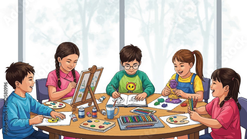Children gathered around a table painting and drawing together in a bright classroom.