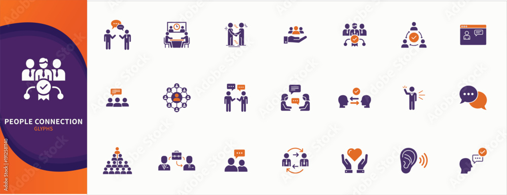 Fototapeta premium People interaction flat icons set. Showcasing communication, collaboration, connection, meeting, handshake and relationship icons. Solid human interaction vector icons collection.