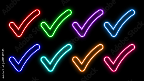 Neon tik mark icon. Glowing check mark icon vector. Varity neon color icon on black background.