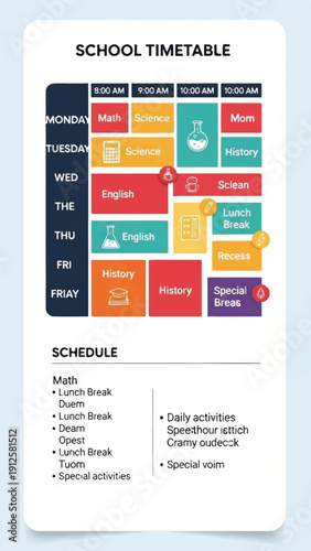Colorful school timetable infographic showing a weekly schedule with daily blocks and subject labels for classroom planning.