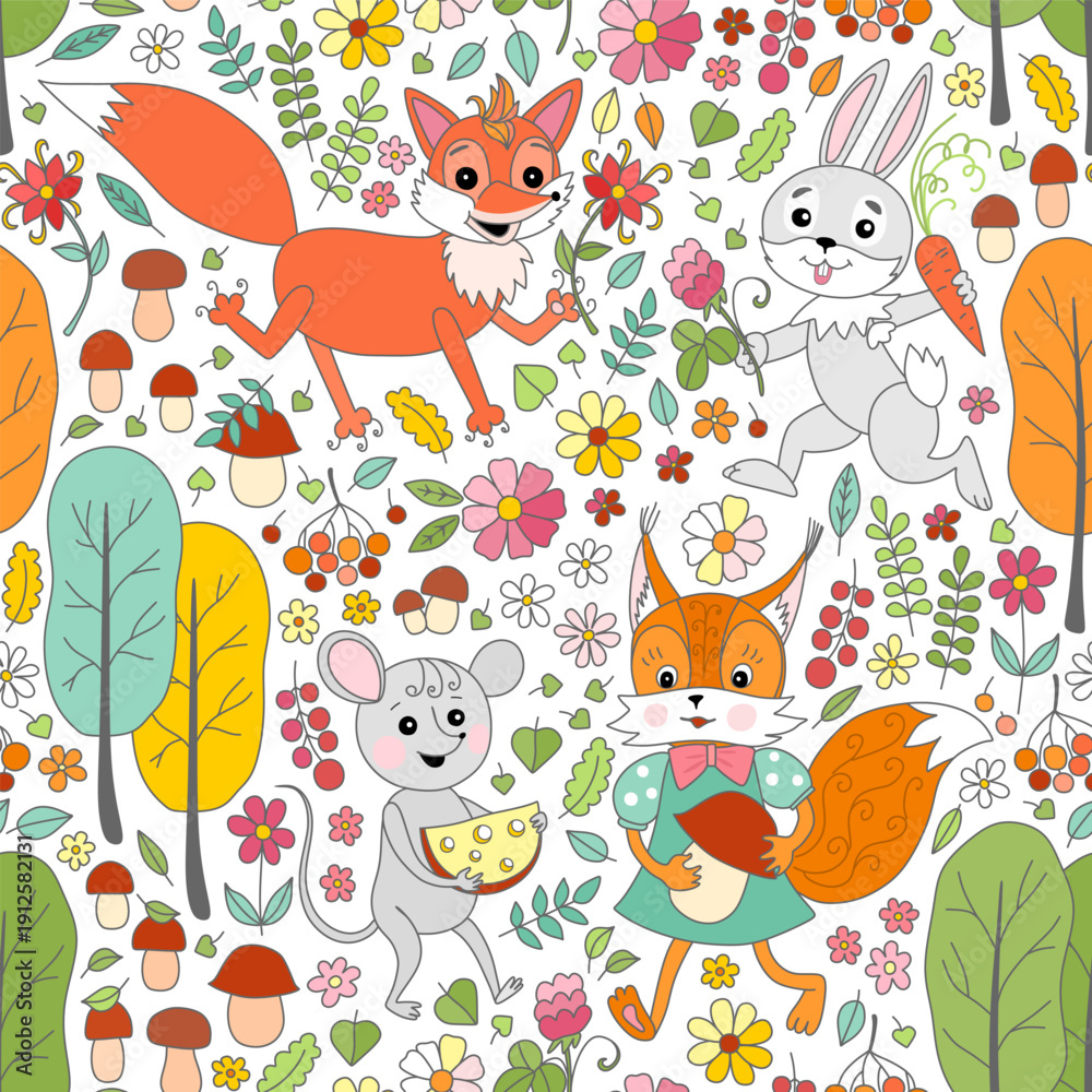Naklejka premium Cute seamless pattern with fox, hare, mouse and squirrel in autumn forest with trees, flowers, berries and mushrooms
