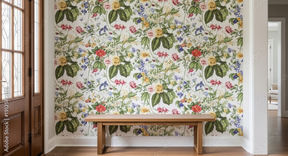 Fototapeta premium Floral wallpaper accent wall with wooden bench in bright entryway of modern home interior design