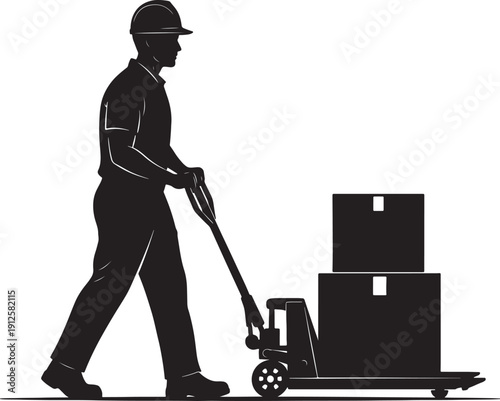 Worker Pushing Hand Truck with Boxes