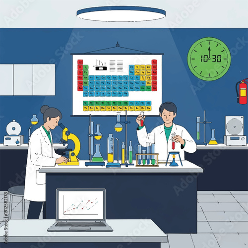 Two Scientists Conduct Chemistry Experiments in a Modern Laboratory with Lab Equipment and Computers.