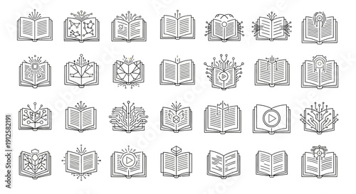 Education and Knowledge Book Icons Collection Featuring Study Materials, Learning Resources, Online Courses, Academic Symbols, Digital Libraries, Student Support Tools, Teaching Aids, Reading Platform